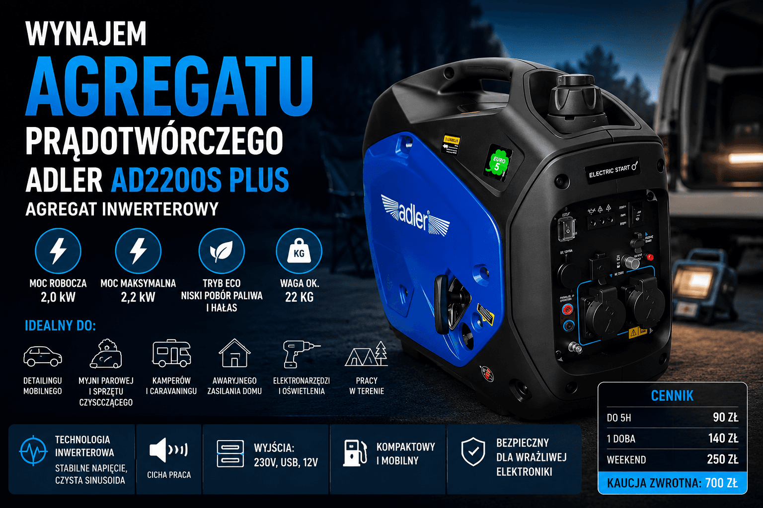 Adler agregat inwerterowy AD-2200S PLUS – 2,2 kW na wynajem - 1