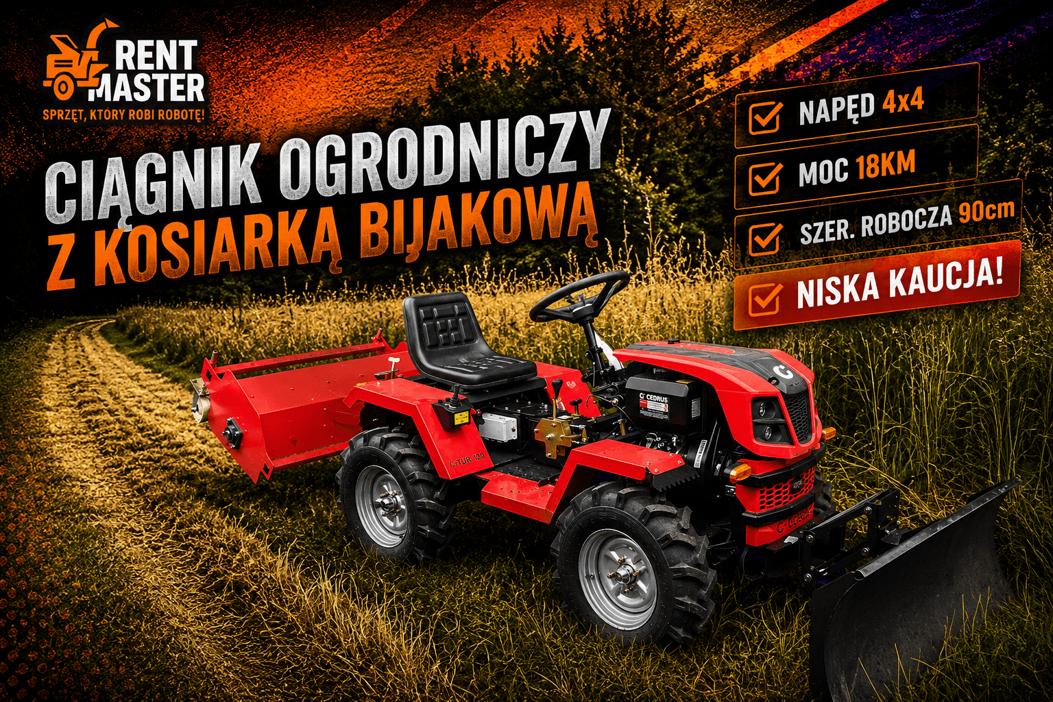Ciągnik + kosiarka bijakowa 18KM 4x4 90cm na wynajem - 1